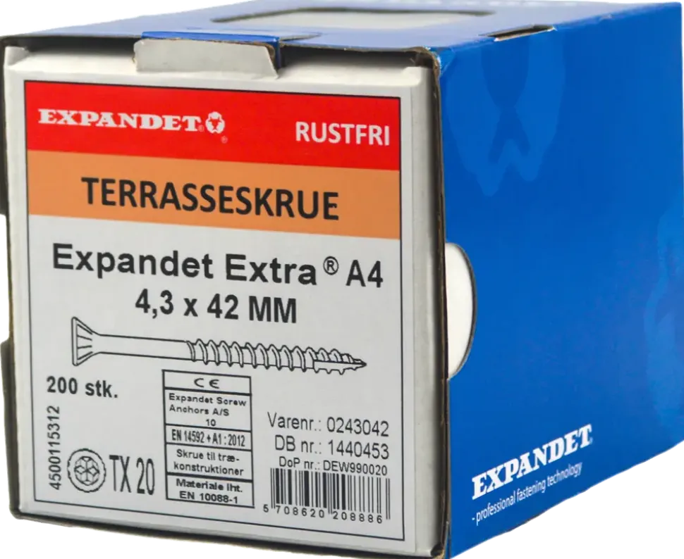 EXPANDET Rostfri A4 trallskruv 4,3 x 42 mm 200 st.