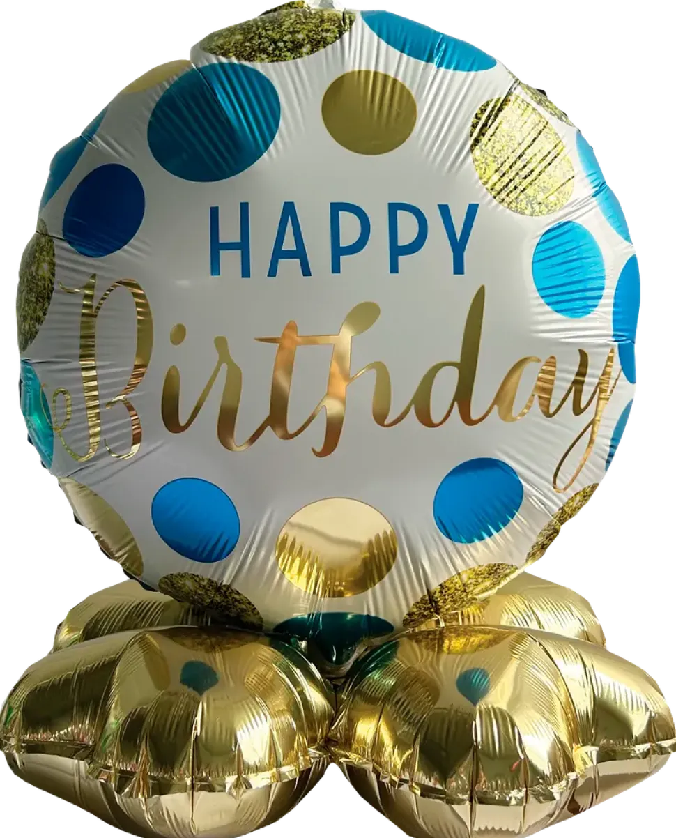 Folieballong på fot Ø35 cm - ”Happy birthday” Blå