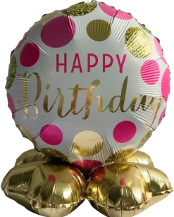 Folieballong på fot Ø35 cm - ”Happy birthday” Rosa