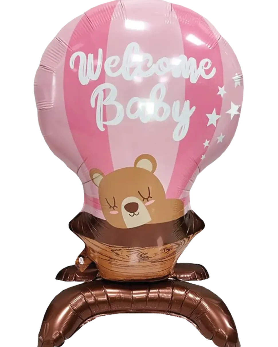 Folieballong på fot 66 cm - ”Welcome baby” rosa