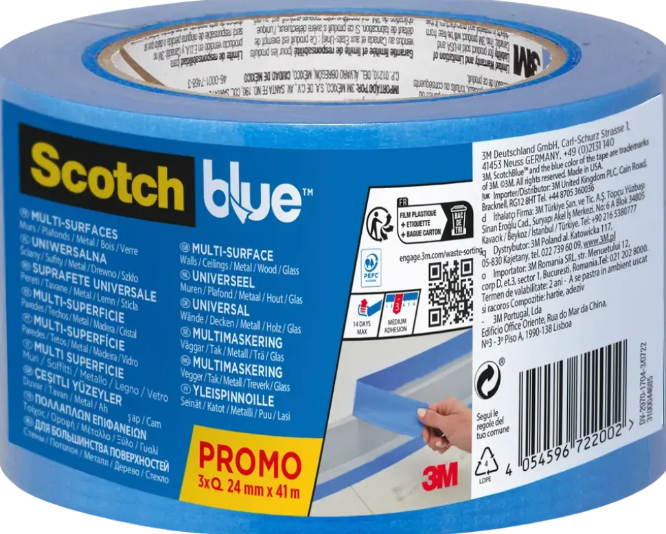 ScotchBlue™ maskeringstejp – 24 mm x 41 meter – 3 rullar